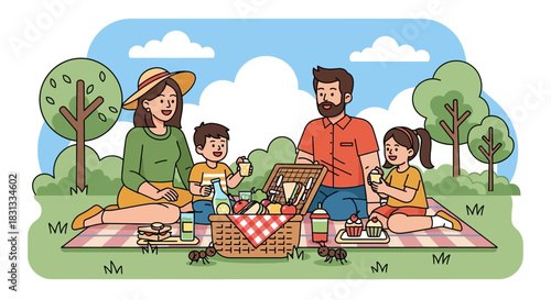 Family enjoying cheerful outdoor picnic in summery park with delightful delicacies