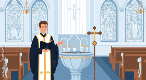 Vector illustration of a priest in a church with stained glass windows