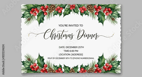 Elegant Christmas Dinner Invitation Card with Holly and Pine Decorations