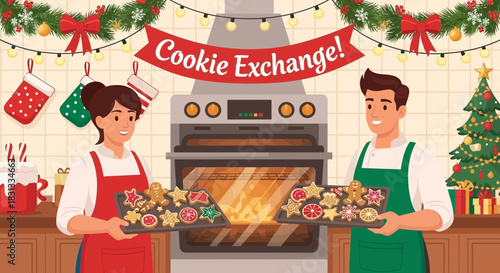 Festive cookie exchange celebration with joyful bakers and baked goods