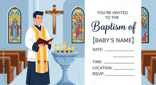 Elegant baptism invitation design featuring church elements and customizable details