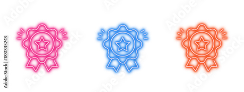 Neon glowing medal vector icons set, award, badge, star, ribbon, glowing, bright, vibrant, colorful digital design illustration on transparent background.
