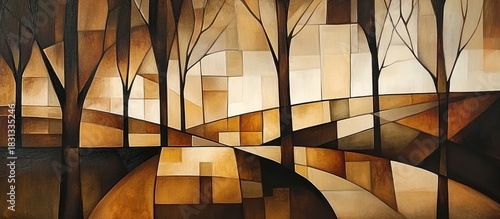 Abstract autumnal landscape; trees, hills, sunlight. Wall art