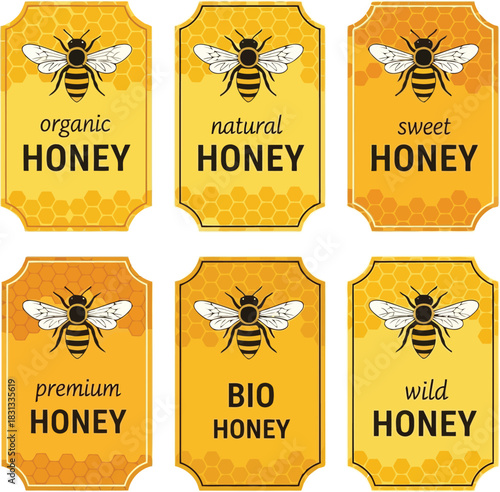 Set of six honey labels with bee illustration and text variations for organic natural sweet premium bio wild products vector