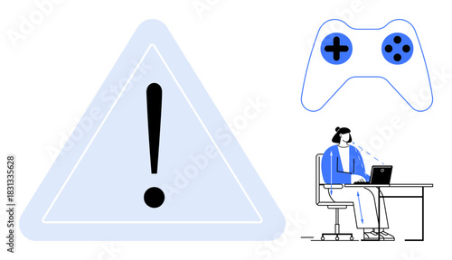 Gaming addiction. Warning sign s risks of excessive gaming as a young gamer uses a laptop with game controller symbol. Gaming addiction impacts mental health, productivity, focus. technology, mental