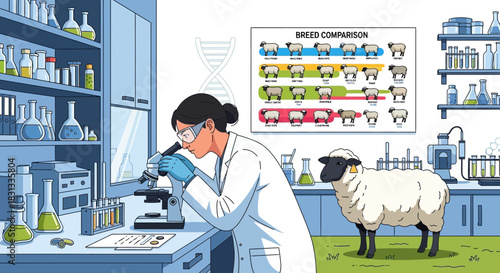 Genetic research examining sheep breeds in a modern laboratory setting illustration