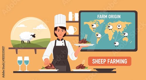 Illustrative Chef Preparing Lamb Dishes with a Focus on Farm Origin Concepts