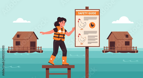 Navigating floodwaters, woman following safety guidelines near floating homes