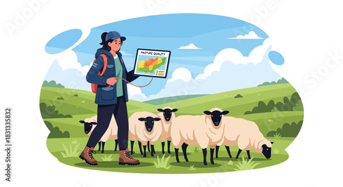 Female shepherd uses tech for grazing sheep management in pasture quality control