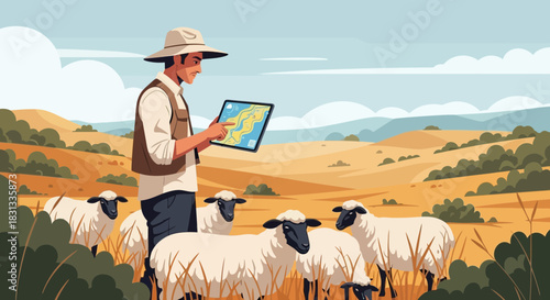 Modern agriculture: farmer uses tablet with sheep in picturesque landscape