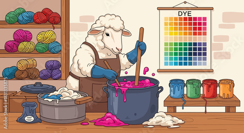 Whimsical yarn dyeing scene featuring an anthropomorphic sheep in a workshop