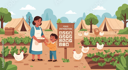 Farm Fresh Bounty: Community Food Distribution Amidst Tented Fields and Livestock