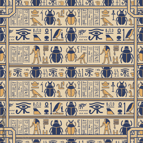 Ancient egyptian hieroglyphics and scarab beetles seamless pattern in gold navy beige for historical cultural pharaoh tomb fabric textile design