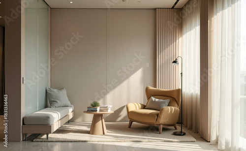 Modern cozy living room with warm sunlight, soft curtains, stylish armchair and minimal furniture, calm neutral background interior.