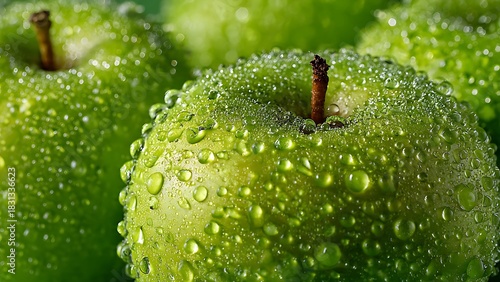 Crisp Granny Smith apples with refreshing water droplets, perfect for healthy eating campaigns or vibrant food product promotions that convey freshness