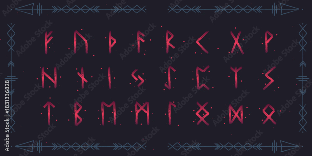 Hand drawn ancient viking runic alphabet. Red gradient runes on dark ...