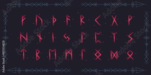 Hand drawn ancient viking runic alphabet. Red gradient runes on dark background. Elder Futhark symbols set. Vector illustration for Norse mythology, historical, mystical concept.