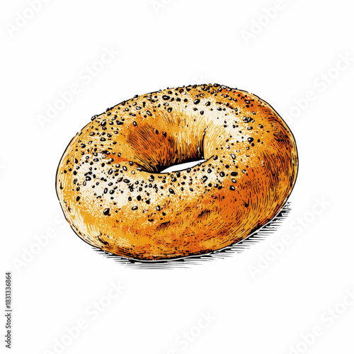 Hand-drawn illustration of a sesame seed bagel with a grey background