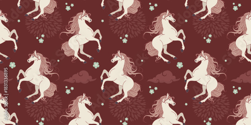 Horse colourful seamless pattern. Colored horse, clouds and abstract flowers on red background. Vector seamless texture for festive design