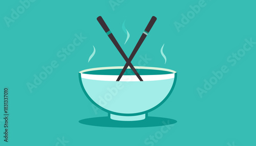 Minimalist illustration of a steaming bowl featuring elegant chopsticks, symbolizing the simple pleasure of a warm, comforting Asian meal and a clean, modern approach to food imagery