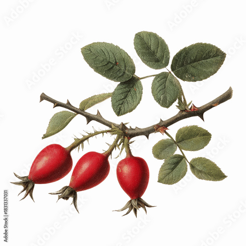 Vintage illustration of rose hips and leaves on a red background