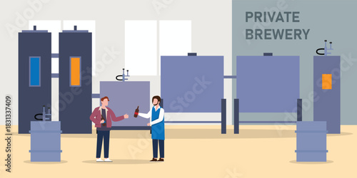 Private Brewery and Craft Beer Production with Brewer and Customer 2d flat vector illustration