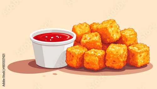 Delicious golden brown tater tots served with a side of ketchup, a popular snack or side dish