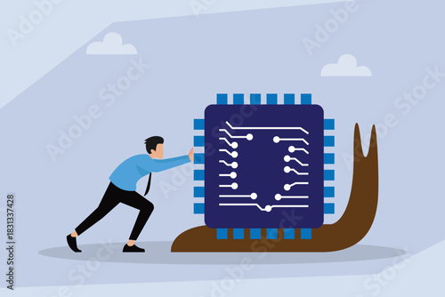 Slow Performance Technology Metaphor: Man Pushing Microchip on a Snail 2d flat vector illustration