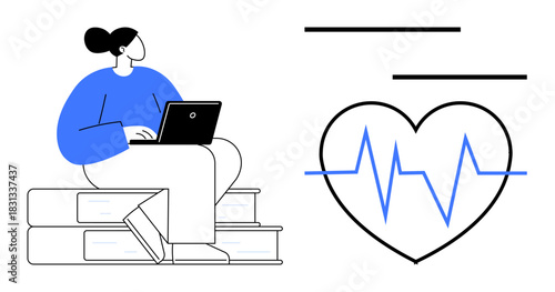 Person seated on stacked books using a laptop, heartbeat line in a heart. Ideal for education, health, wellness, productivity, online learning, balance technology. Clean flat metaphor
