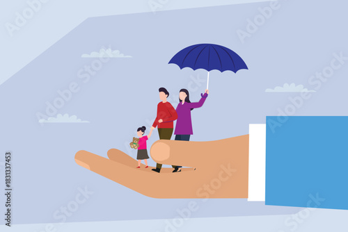 Family Protection and Security: Insurance or Umbrella Coverage Concept 2d flat vector illustration