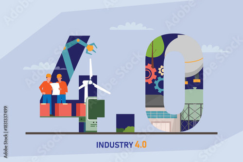Sustainable Industry 4.0: Engineers, Wind Energy, and Smart Factory 2d flat vector illustration