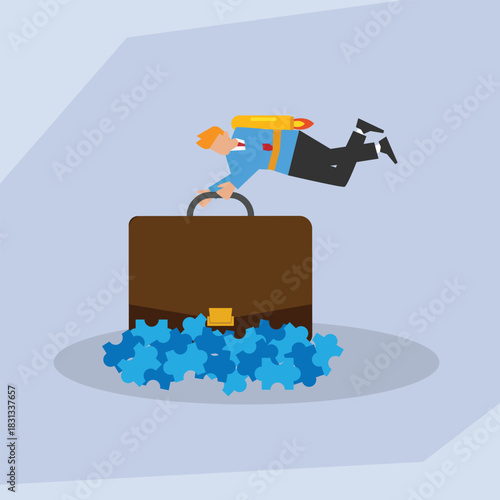 Innovation and Problem Solving: Jetpack Launch Over Puzzle Pieces 2d flat vector illustration