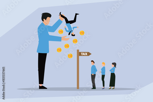 Tax Collection and Income Taxation: Giant Man Shaking Money 2d flat vector illustration