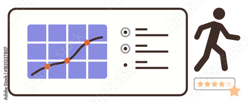 Graph with trend line, checklist, person walking, and rating stars highlights analytics, goal setting, progress tracking, productivity, evaluation planning success measurement. Simple flat metaphor