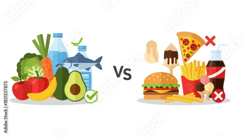 Healthy Food vs Junk Food – Nutrition Comparison Vector Illustration for Wellness Education