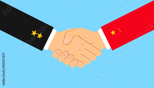 Strong international relations and global partnership depicted through a symbolic handshake between influential nations, signifying mutual agreement and diplomatic ties