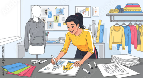Fashion designer sketching new clothing line ideas in her creative studio