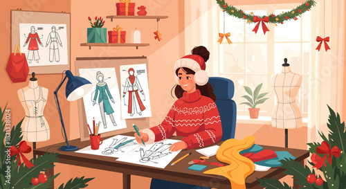 Festive Fashion: A Designer's Holiday Creation in a Cozy, Christmas-Themed Studio