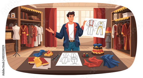 Fashion designer presenting new garment sketches in a studio with wardrobe