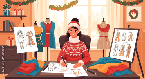 Festive Fashion Designer Crafting New Winter Apparel in a Cozy Studio