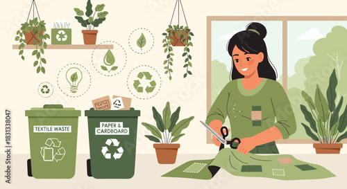 Eco-conscious woman repurposing textiles, promoting sustainable living and waste reduction