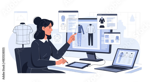 Fashion designer creates digital sketches and selects online apparel products