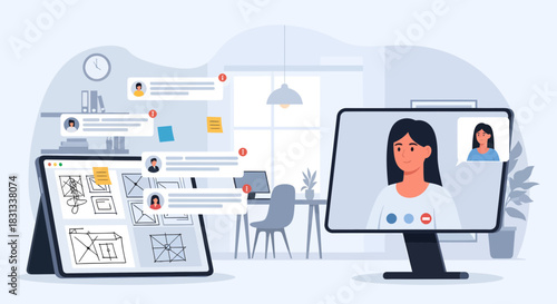 Conceptual illustration depicting online collaborative work using digital devices