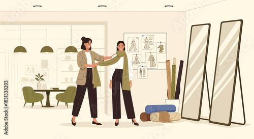 Fashion designer assisting client with styling consultation in atelier showroom