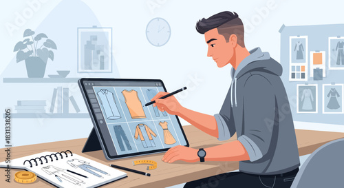 Young designer creating fashion collection digitally at workspace with tablet