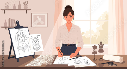 Fashion designer sketching new clothing designs in her cozy studio setting