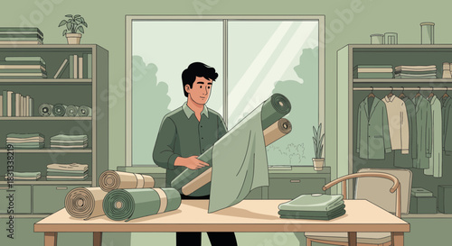 The serene craftsman carefully handles textiles in a calm workshop environment