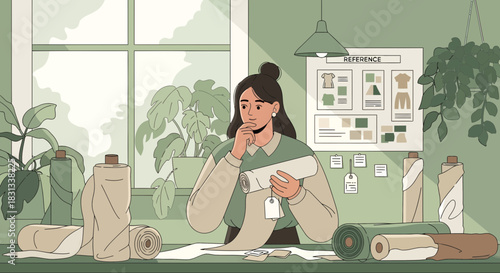 Illustrative fashion designer contemplating fabric options in a tranquil studio