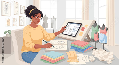 Creative fashion designer sketching new clothes designs using digital tablet and sketchbook