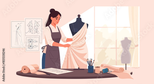 Dedicated seamstress meticulously crafting a custom dress on a mannequin